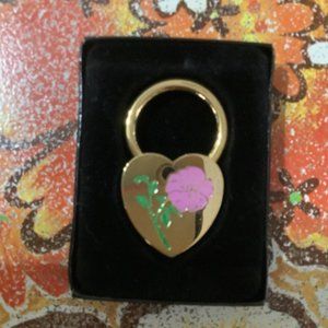 Vintage Goldtone Heart with Pink Flower Key Fob